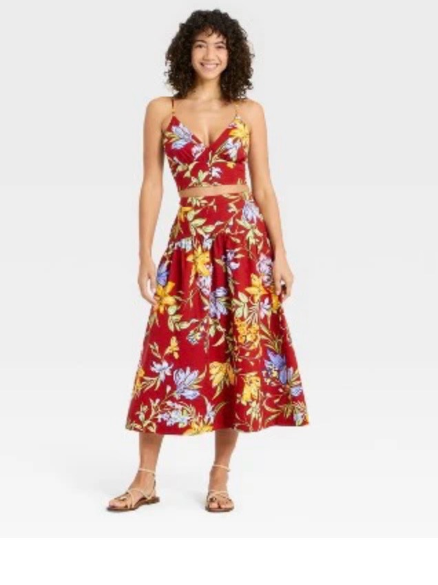 Red Floral Skirt With Yellow & Blue Accents